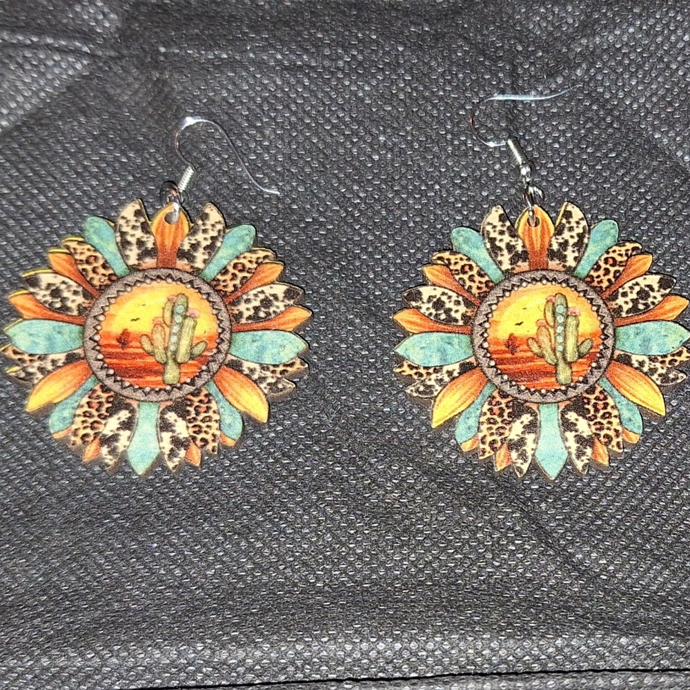 Sunflower Cactus Boho Wood  Western Style  French Hook Lightweight Earri…
